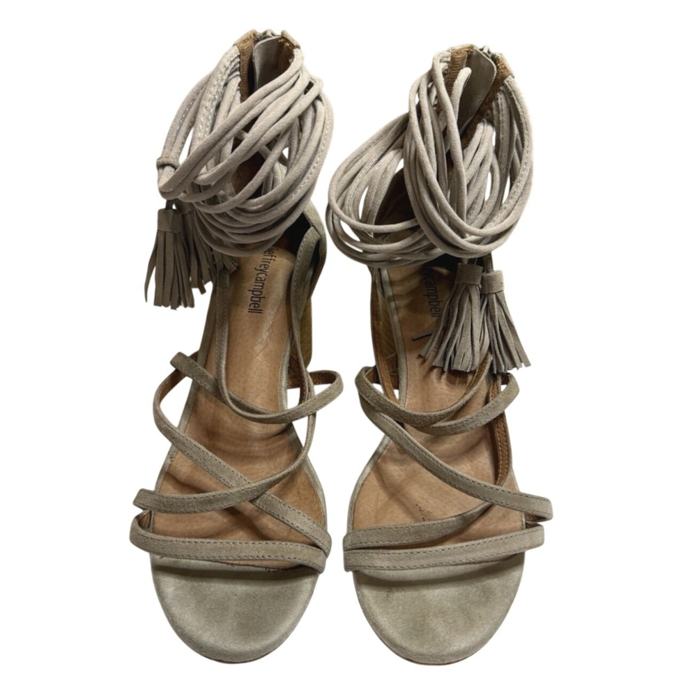 Jeffrey Campbell Despina Strappy Suede Tassel Block Heel Sandals Taupe Grey Sz 8